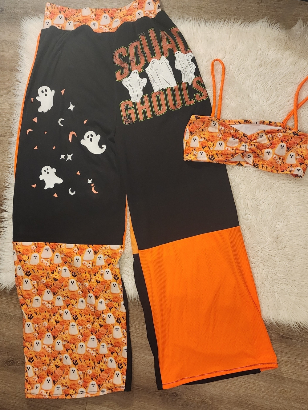 Squad Ghouls Orange & Black Halloween Upcycle Pants Loose Pants Womens Handmade